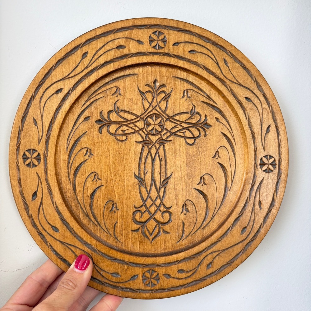 Vintage Alis Woodcrafts Hand Carved Wood Celtic Cross Decorative Plate 9.75"